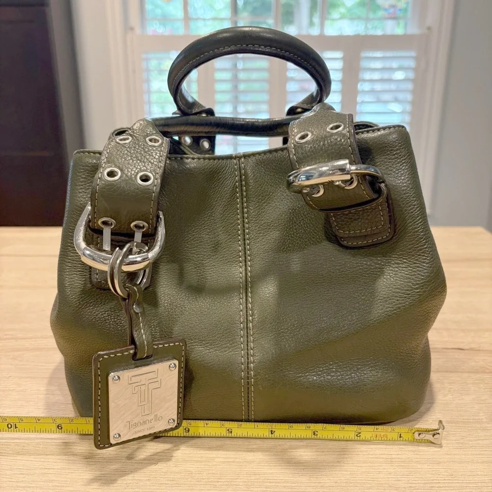 Tignanello Olive Green Pebbled‎ Leather Satchel Buckle Handbag Silver Hardware